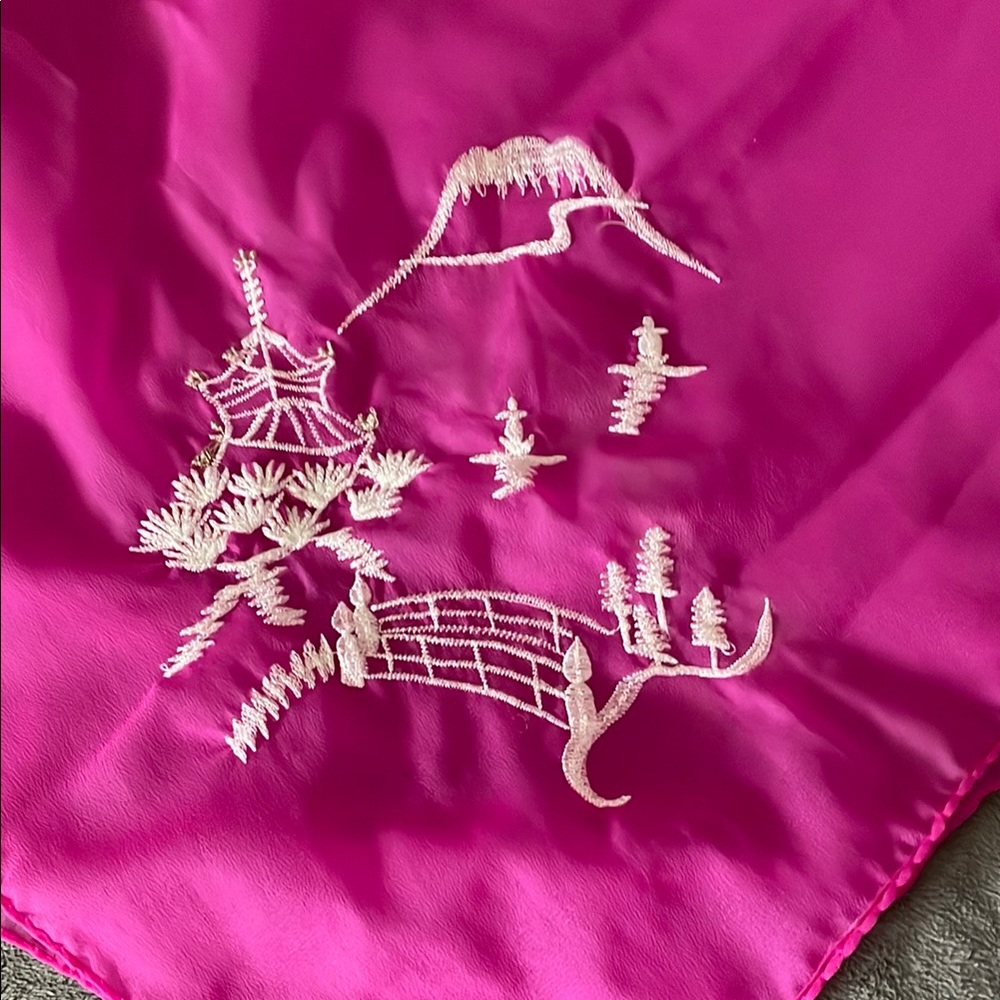 Vintage Japanese 1970s Fuchsia colored Scarf with Embroidered Design